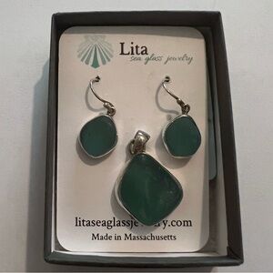 FINAL MARKDOWN 925 Lita Sea Glass Rare Deep Teal Pendant & Earrings New In Box